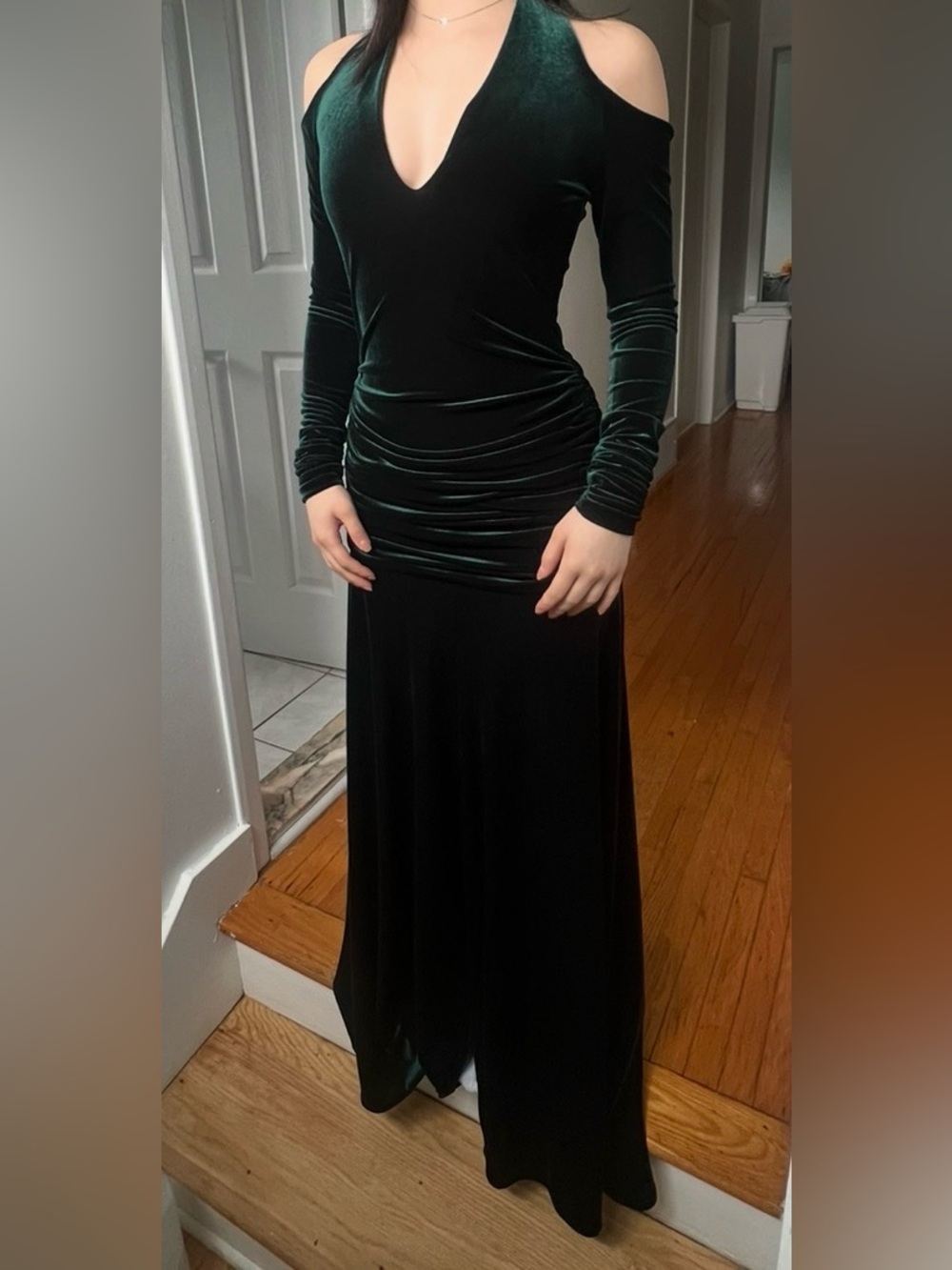 Marc Bouwer Emerald Green Velvet Cold-Shoulder evening gown Maxi Dress